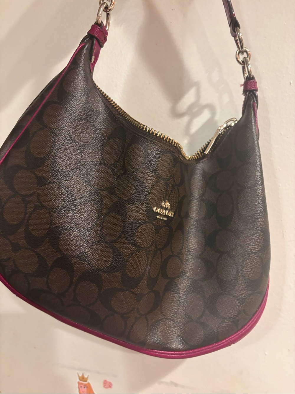 Coach Brown Signature Shoulder Bag with Pink Trim